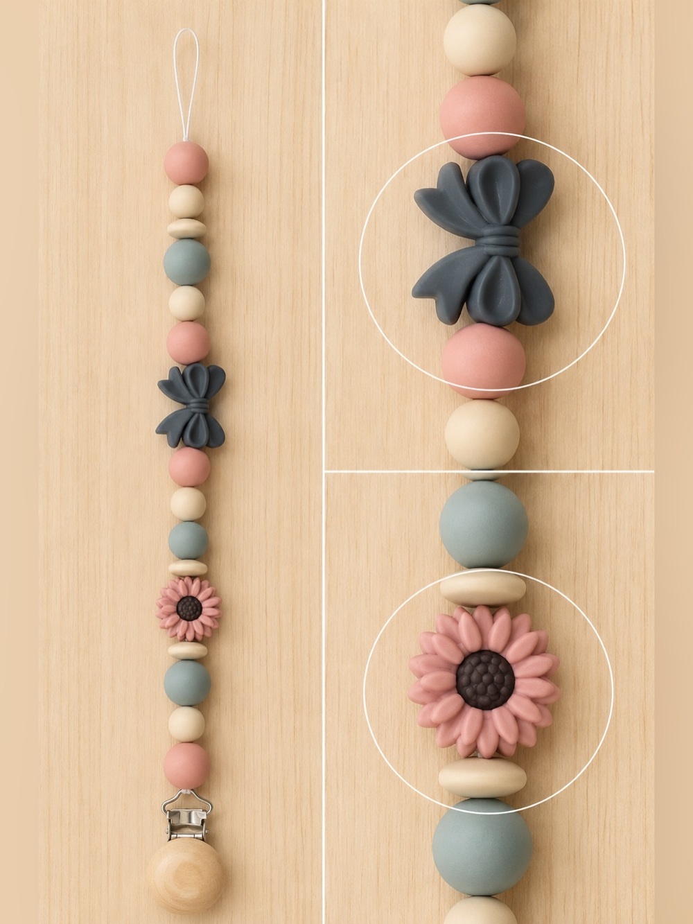 Silicone Boho Beaded Pacifier Clip with Pink Sunflower & Navy Bow